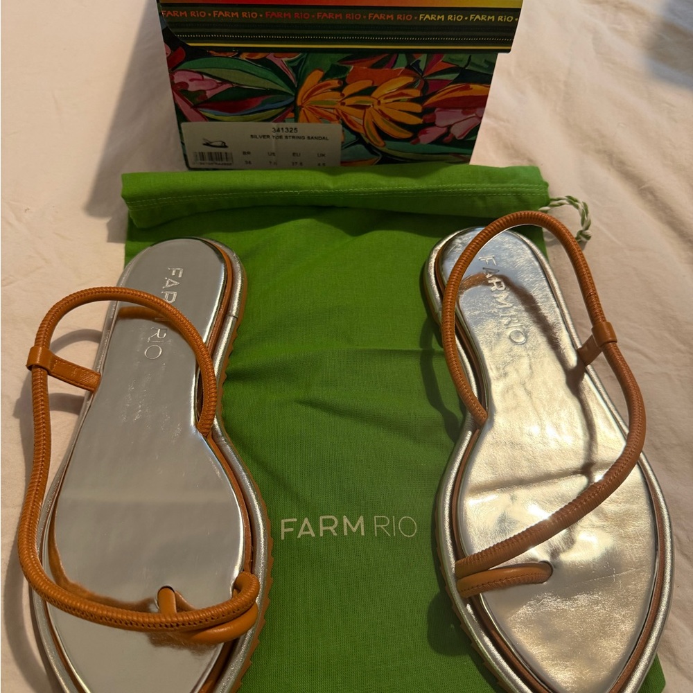 FARM Rio Tan Strappy Flat Sandals with Silver Footbed - Picture 3 of 4